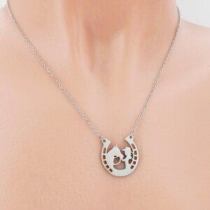 Horseshoe with Cowgirl, Horse Necklace, Choker Stainless Steel Cable Chain 18 In